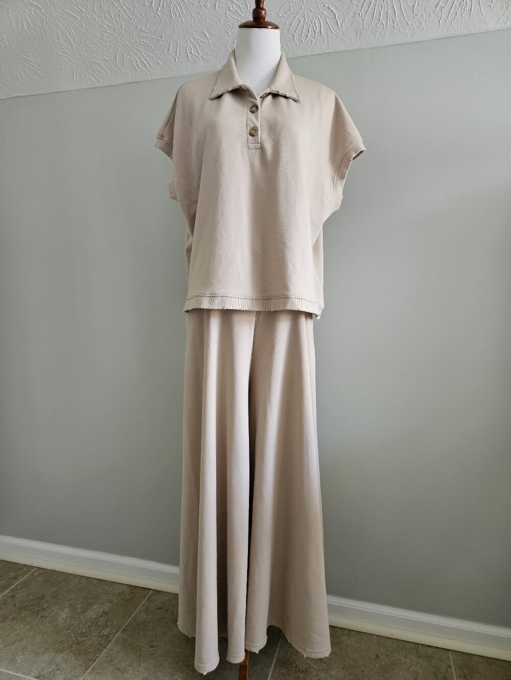 Ces Femme | Beige Two-Piece Lounge Set - Polo Top & Wide Leg Pants
